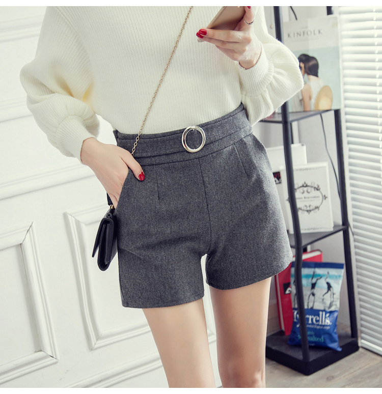 Quần short len ​​nữ mùa thu đông 2018 mới eo cao phiên bản Hàn Quốc của quần lửng ống rộng skinny mỏng mặc quần đáy quần quần short nữ kaki ngang gối