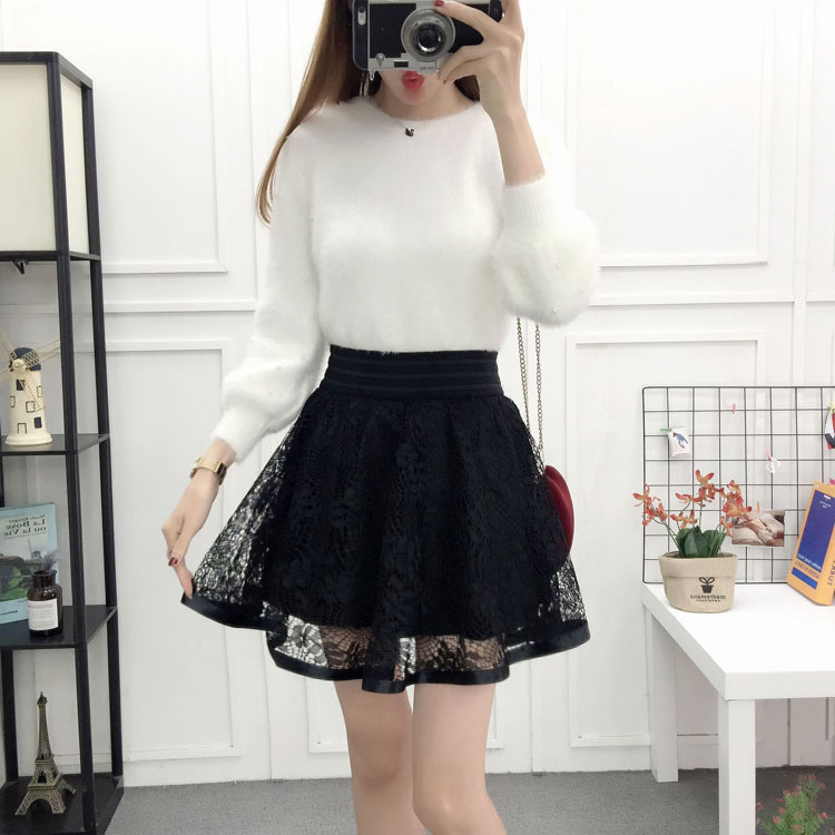 Nữ một từ gạc lưới váy ngắn váy ren váy fluffy kích thước lớn đáy quần thun cao eo nửa váy mùa thu và mùa đông - Váy chân váy đen dài