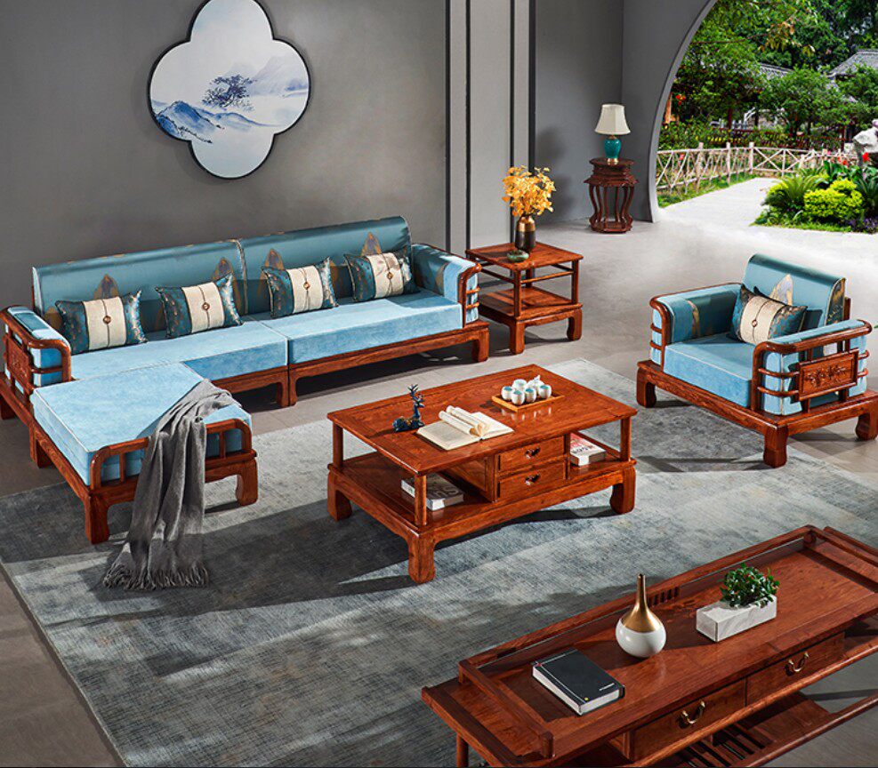 Red Wood Furniture New Chinese Corner Sofa Hedgehog Purple Sandalwood Solid Wood Noble Princess Fabric Modern Living Room Composition Suit