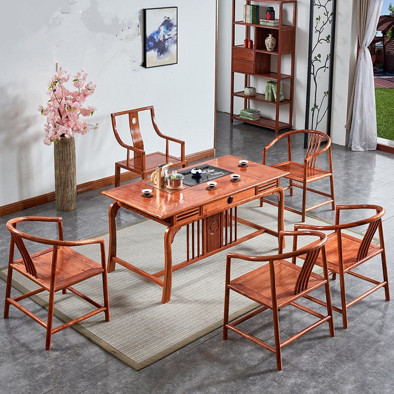 Red wood tea table and chairs Composition Living room New Chinese tea table solid wood tea art Hedgehog Purple Sandalwood Table Tea Table Furniture