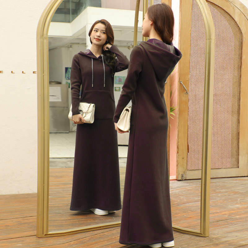 New Autumn and Winter Fleece-Lined Thickened Dress, Plus Size Long-Sleeved Over-The-Knee Hooded Sweatshirt, Floor-Length Maxi Dress for Women
