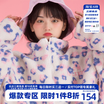 HTCU Small Blue Flower Lamb Suede Jacket Plus Suede Thickened Tide Card Cute Coat Ins Winter Cotton Clothing Casual Couple