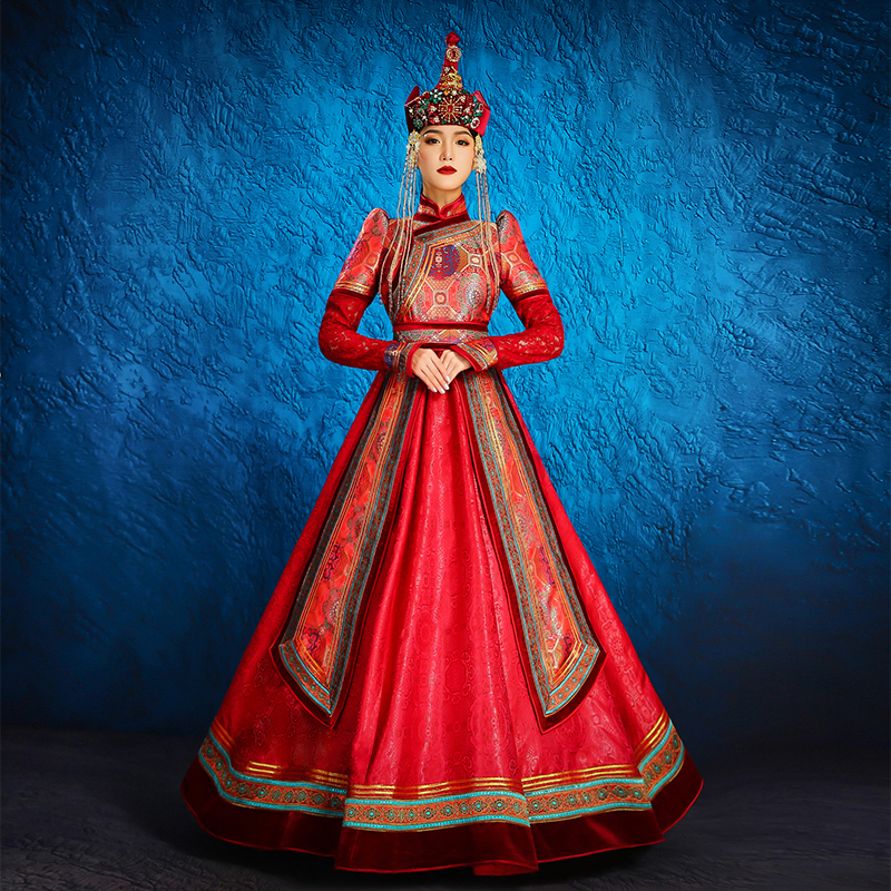 Red Ladies Wedding Dress Ethnic Minority Ancient Style Inner Mongolia Mongolian Robe Dance Performance Photography Photo Bride