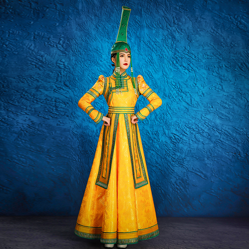 Original Women's Mongolian Robe, Golden Dress, Inner Mongolia Dance Performance Photography, Travel Photography, Ethnic Costume Dress Original Women's Mongolian Robe, Golden Dress, Inner Mongolia Dance Performance Photography, Travel Photography, Ethnic Costume Dress