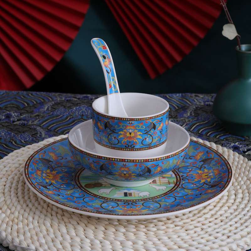 Mongolian element milk tea bowl spoon plate cup four-piece package hotel restaurant restaurant table ceramic Mongolian tableware