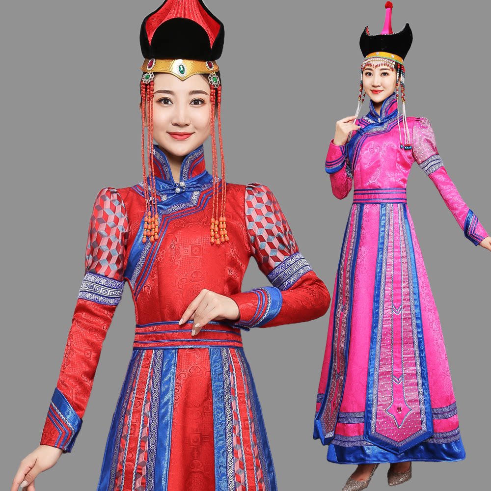 蒙古族女士蒙古袍泡泡袖拼接大裙擺演出服高定款少數民族服飾定製