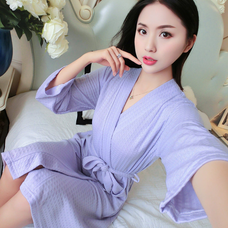 Spring and summer bathrobe nightgown Men's and women's seven-point sleeve sexy thin pajamas Pure cotton home clothes Waffle medium and long version