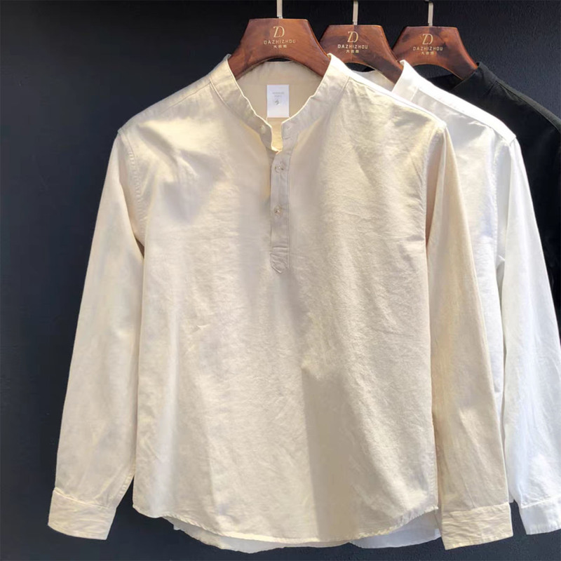 2025 Autumn New Men's Henley Collar Shirt Top Versatile Simple Pure Cotton High-End Breathable Fashion Trendy