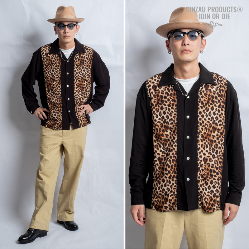 Ginzauproducts Leopard Print Hawaiian Cuban Collar Long Sleeve Amekaji American Retro Shirt Ginzauproducts Leopard Print Hawaiian Cuban Collar Long Sleeve Amekaji American Retro Shirt