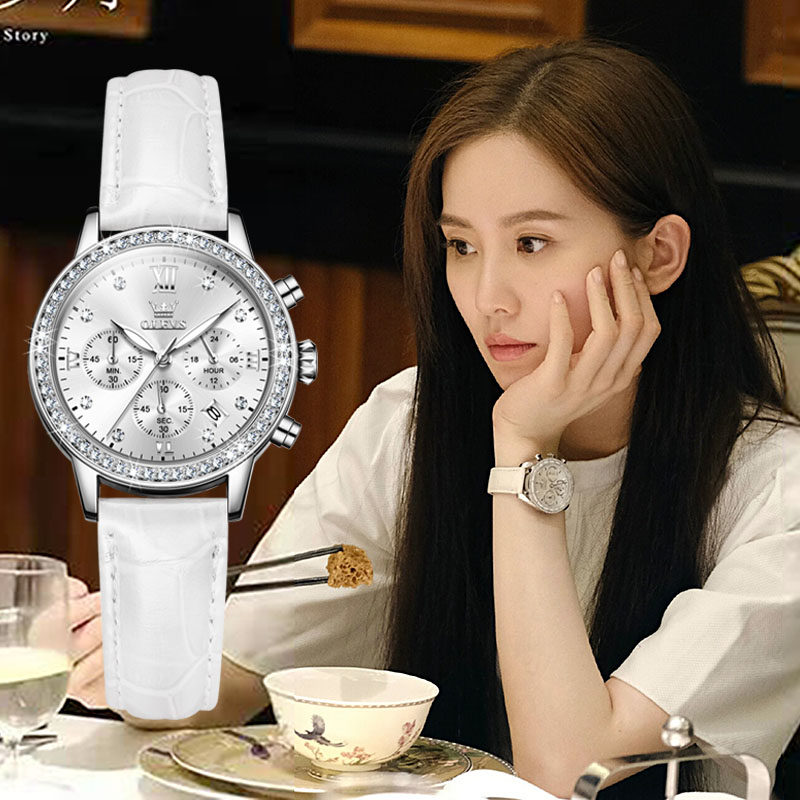 Liu Shishi's Same Style Watch for Women, Fully Automatic Multi-Function Three-Eye Women's Watch, Famous Brand Mechanical Leather Strap Quartz Waterproof