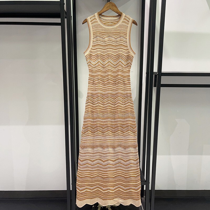 French-Style Summer New Arrival Gold Thread Shiny Wave Stripe Sleeveless Round Neck Slim-Fit Knitted Cardigan Dress French-Style Summer New Arrival Gold Thread Shiny Wave Stripe Sleeveless Round Neck Slim-Fit Knitted Cardigan Dress