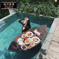 巴厘岛网红漂浮早餐托盘拍照道具酒店游泳池藤编篮子民宿水上漂浮