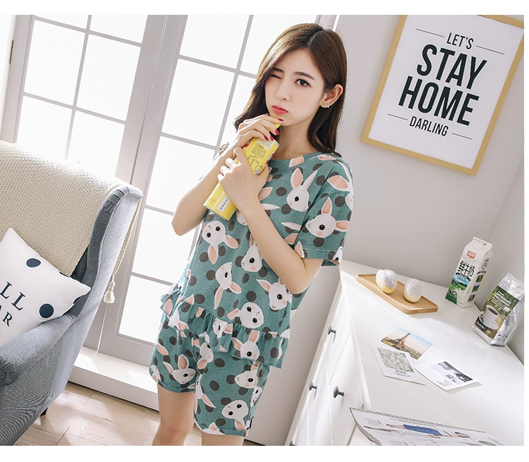 Đồ ngủ nữ mùa hè cotton tinh khiết mỏng ngắn tay phong cách phương tây 2020 mới hợp thời trang băng lụa mùa hè hai mảnh phục vụ tại nhà - Giống cái