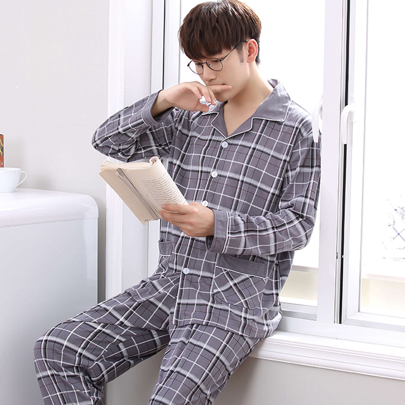 Pyjama nam mùa xuân và mùa thu bông trung niên tăng có thể mặc quần áo dài tay mens hai mảnh quần áo mùa đông nhà.