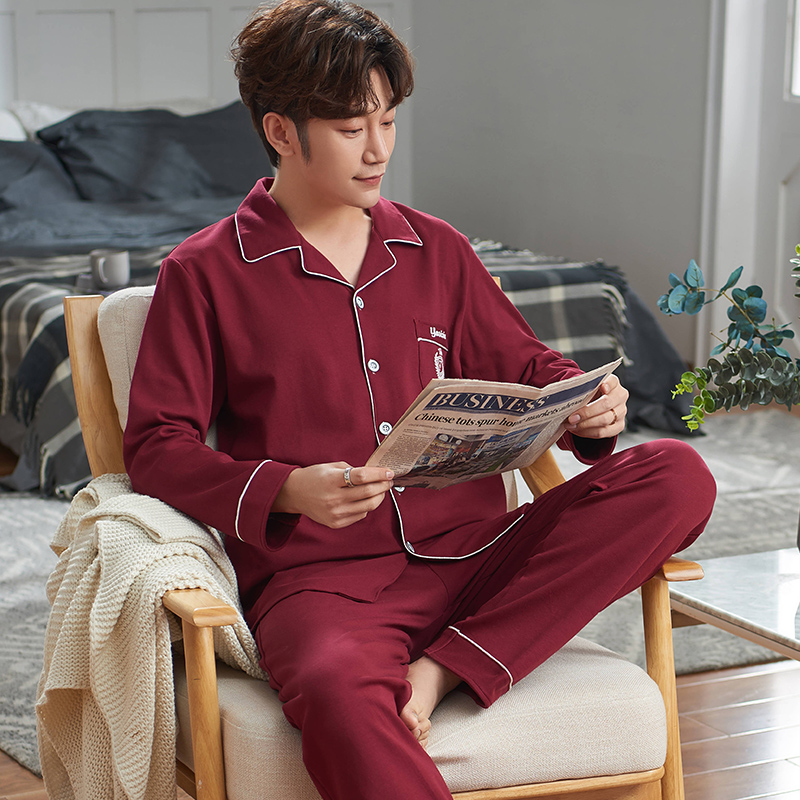 Pyjama nam mùa xuân và mùa thu bông trung niên tăng có thể mặc quần áo dài tay mens hai mảnh quần áo mùa đông nhà.