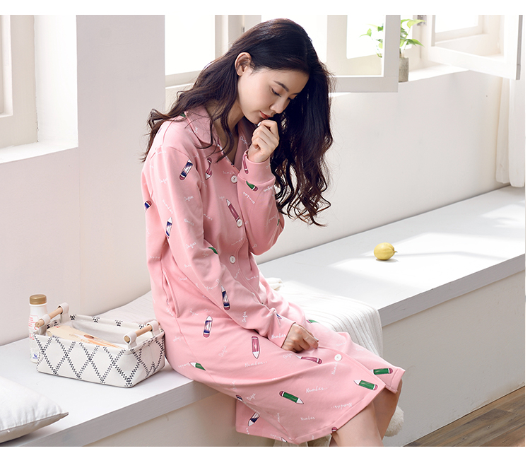 Áo sơ mi dài tay cotton nữ mùa xuân và mùa thu mỏng phần dài phiên bản Hàn Quốc của công chúa bông mùa thu ngọt ngào và đáng yêu đồ ngủ xuyên thấu