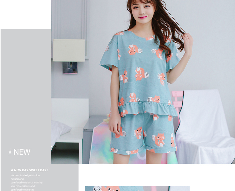 Mùa hè ngắn tay đồ ngủ nữ Hàn Quốc phiên bản của kích thước lớn lỏng chất béo mm200 kg phần mỏng của bông có thể được đeo bên ngoài dịch vụ nhà mùa hè thời trang đồ bộ