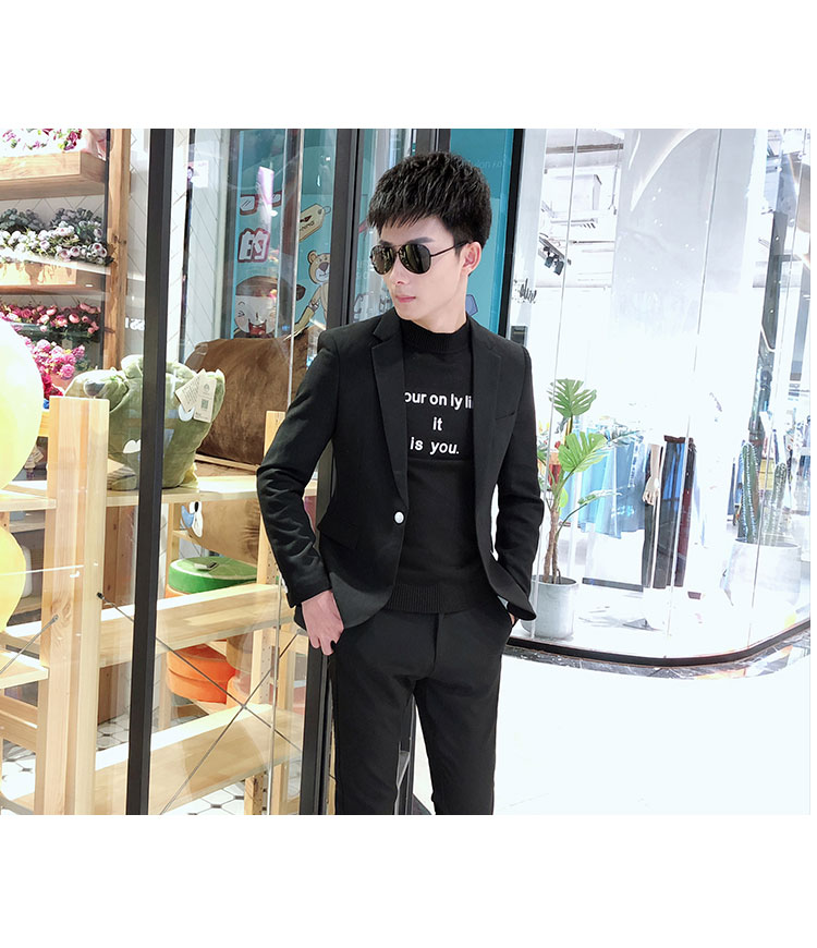 2018 mới thời trang phù hợp với nhỏ phù hợp với nam mỏng phù hợp với hộp đêm Hàn Quốc nhà tạo mẫu tóc chàng trai nhỏ phù hợp với hai bộ thủy triều quần kaki
