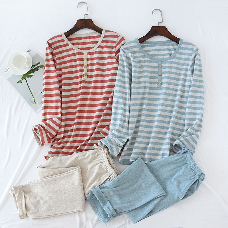 Japanese-Style Unprinted Jersey Cotton Women's Pajamas Striped Loungewear Plus Size Spring and Autumn Knitted Cotton Pullover Two-Piece Set