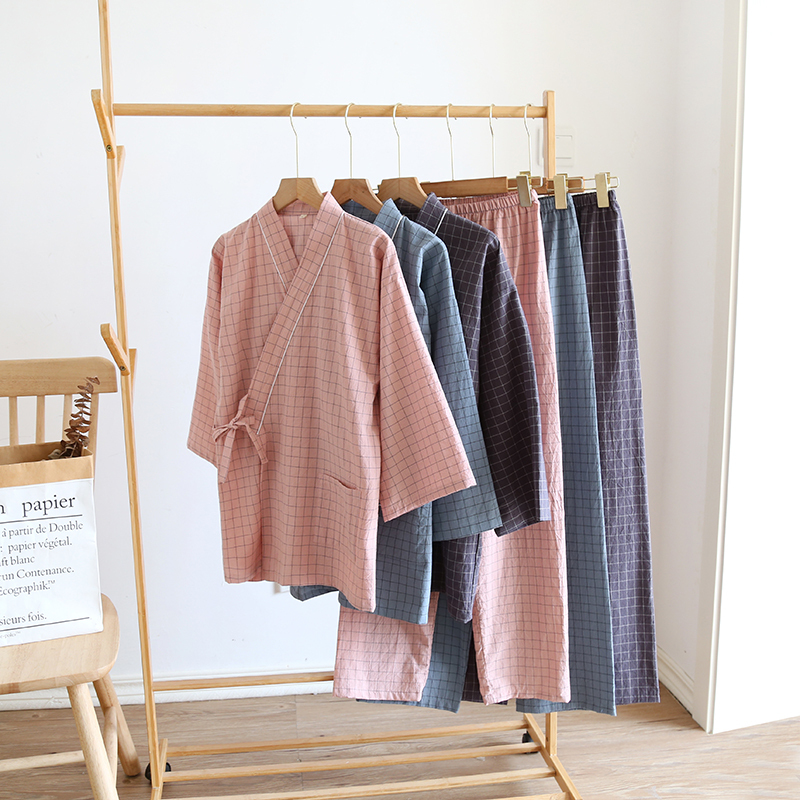 Plain Cotton 2021 Japanese-Style Kimono Couple Loungewear Washed Cotton Plaid Three-Quarter Sleeve Pajamas Japanese Style Spring and Autumn Thin
