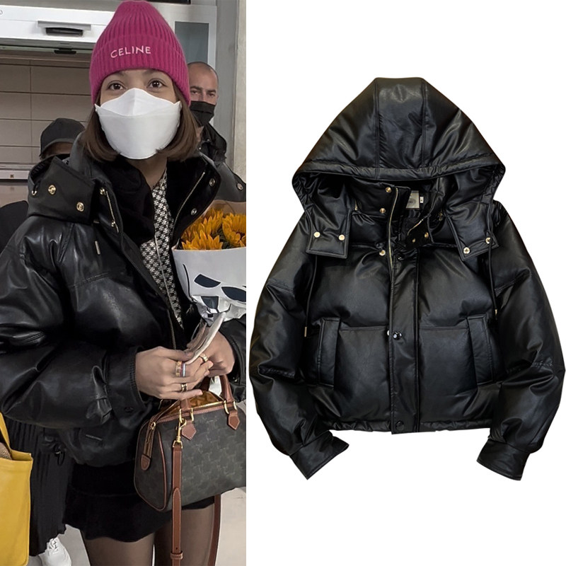 Star lisa with the same leather clothes short version down clothes lady Lianhood small sub thickened jacket winter dress 2022 New