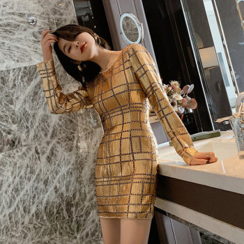 High-end fashion gold sequin dress annual meeting host evening dress skirt advanced texture costume female modern