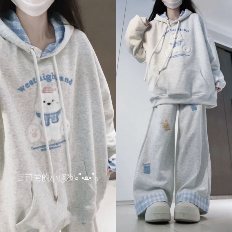 Salt-Style College Outfit, Lazy and Cute, Fake Two-Piece Hooded Sweatshirt with Embroidered Bear, Casual Wide-Leg Pants Two-Piece Set Salt-Style College Outfit, Lazy and Cute, Fake Two-Piece Hooded Sweatshirt with Embroidered Bear, Casual Wide-Leg Pants Two-Piece Set