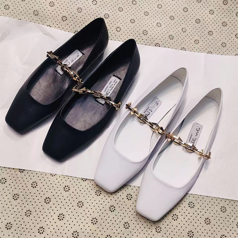 Carolee 2026 Spring New Jc Genuine Leather Square Toe Metal Chain Flat Shoes Women's Slip-On Mary Jane Shoes