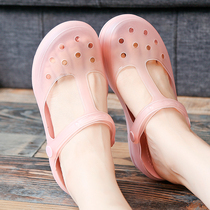 2021 new summer hole shoes female middle heel thick sole non-slip Mary Jane jelly sandals sweet breathable sandals