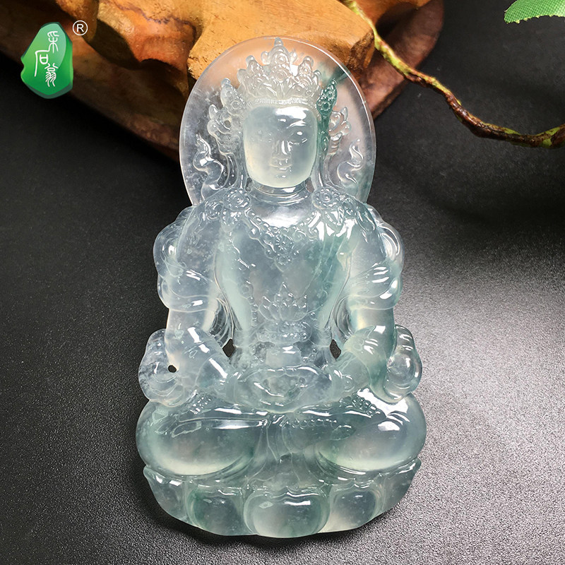 Quarry Weng natural Burmese a goods jadeite floating green Guanyin brand old pit ice pendant jade men and women models