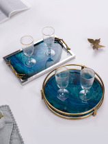European-style simple blue agate stone glass tray ink painting pattern model room soft decoration living room decoration ornaments