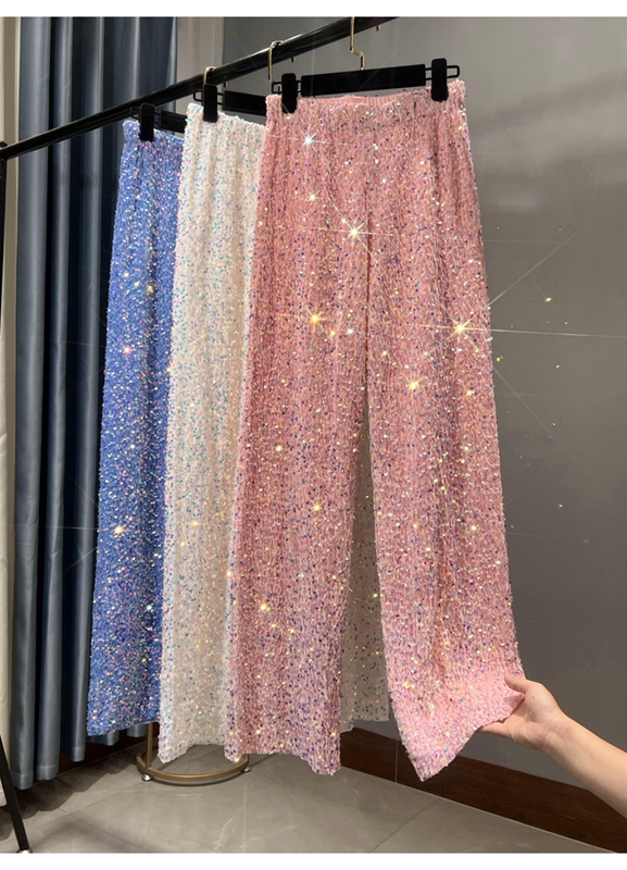 New Autumn and Winter Korean Velvet Sequin Wide-Leg Pants, Extra Long, Slimming, Floor-Length Pants, Shiny Casual Straight-Leg Pants for Women