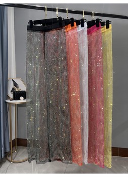 European and American sexy hollow AB color diamond sparkling mesh wide-leg pants slim fit slim mopping pants rhinestone straight pants trousers