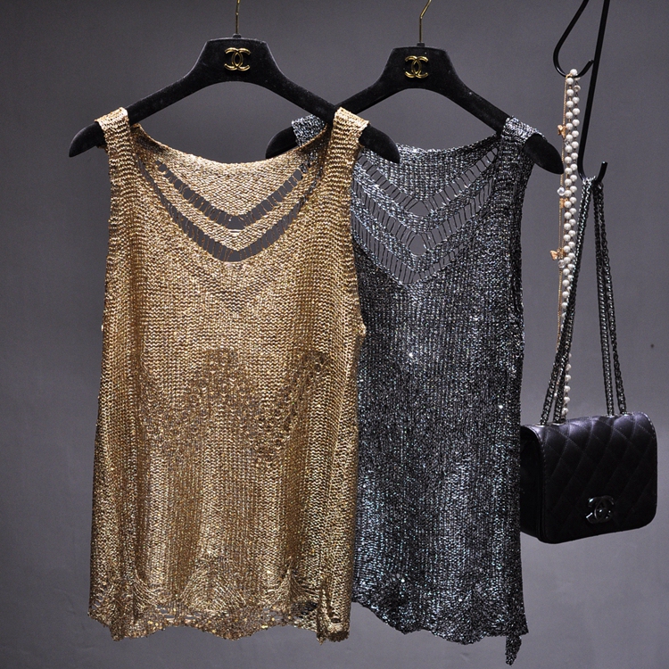 Han Enjia Sequined Sexy Hollow-Out Camisole with Shiny Gold Thread, Sleeveless Base Shirt, Knitted Slim-Fit Top