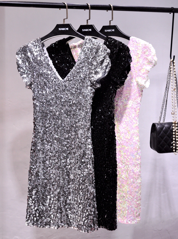 Han Enjia Full Sequin Front and Back V-Neck Elastic Slim-Fit Dress Short-Sleeve Glitter Stage Performance Dress Evening Women's Clothing