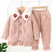 Girls pajamas winter thickened three-layer cotton baby flannel coral fleece children's home clothing girls