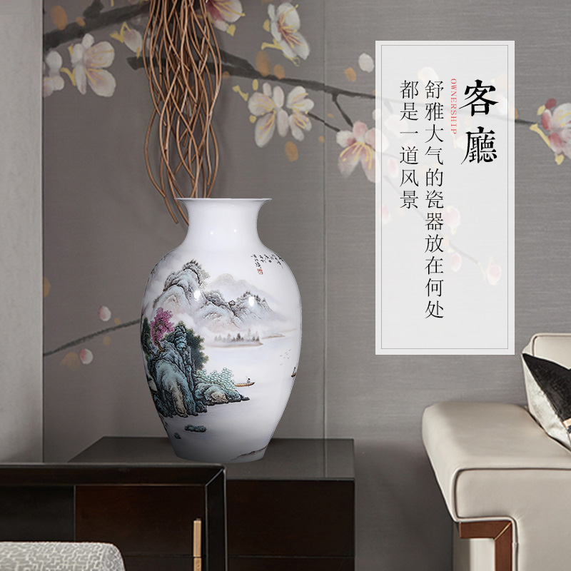 Jingdezhen ceramics furnishing articles hand - made pastel landscape study high mountain water long vase in the sitting room porch decoration
