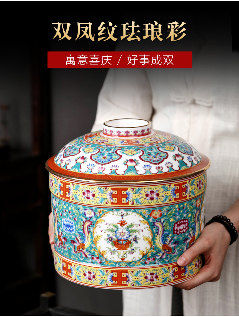 Jingdezhen colored enamel porcelain tea pot and tea cake tea pot with cover seal moisture large storage tank