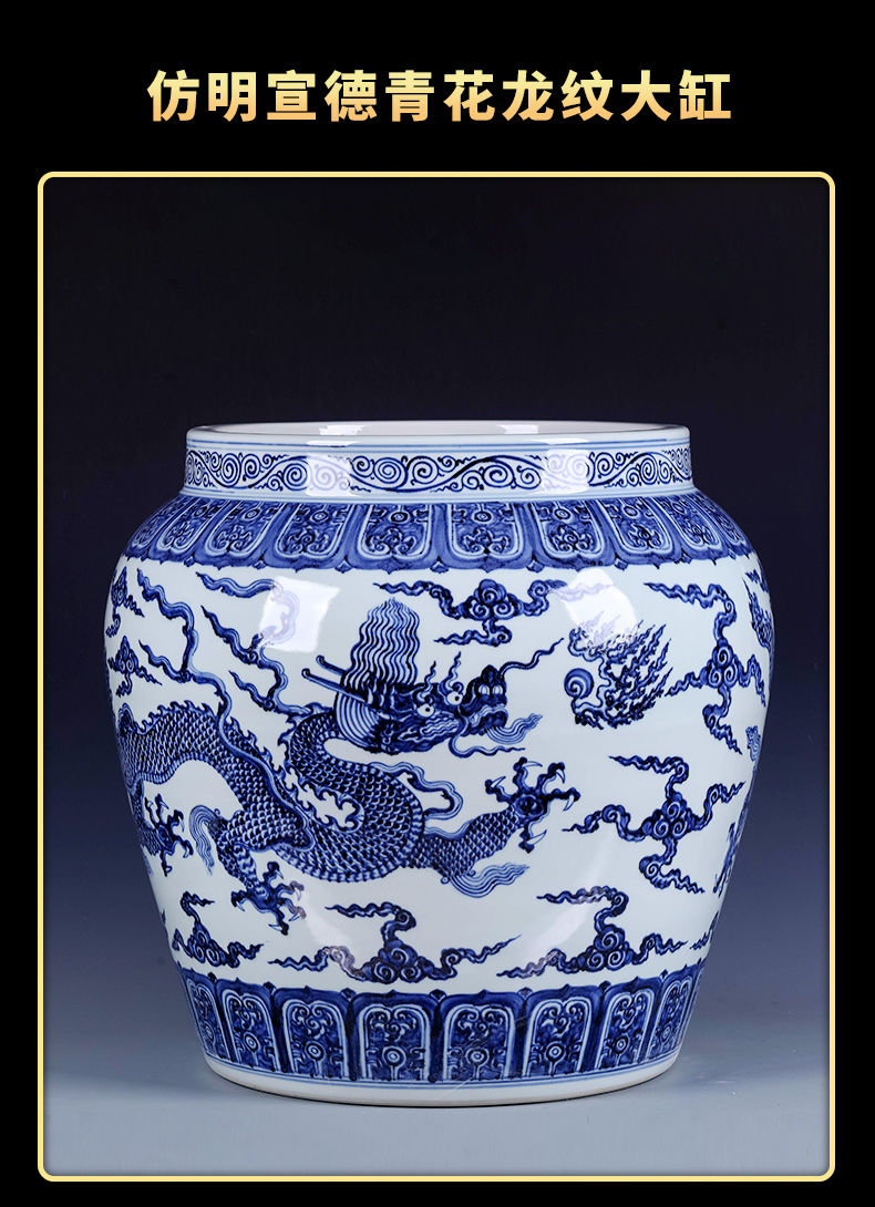 Jingdezhen blue and white youligong imitation Ming xuande years hand - made of red dragon grain VAT furnishing articles hotel courtyard sitting room adornment