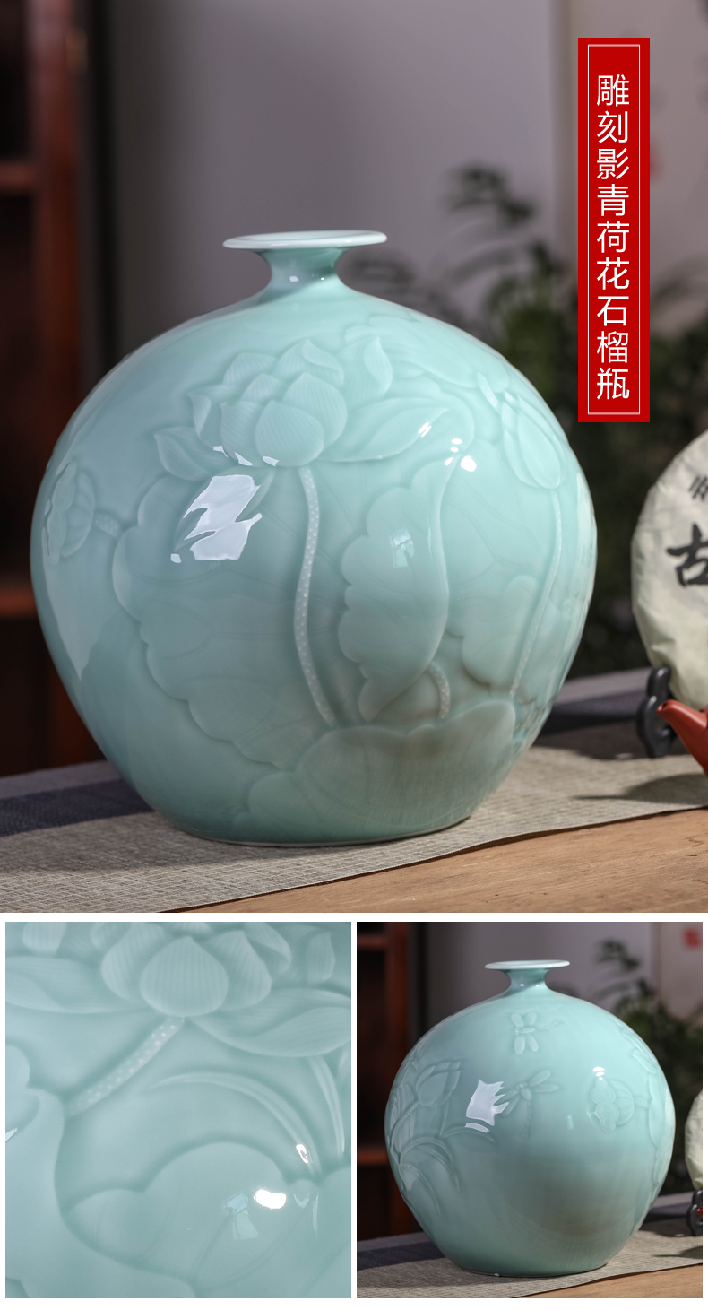 Jingdezhen ceramic vase carving shadow blue tie up branch lotus pomegranate bottle furnishing articles porch decoration of Chinese style household porcelain