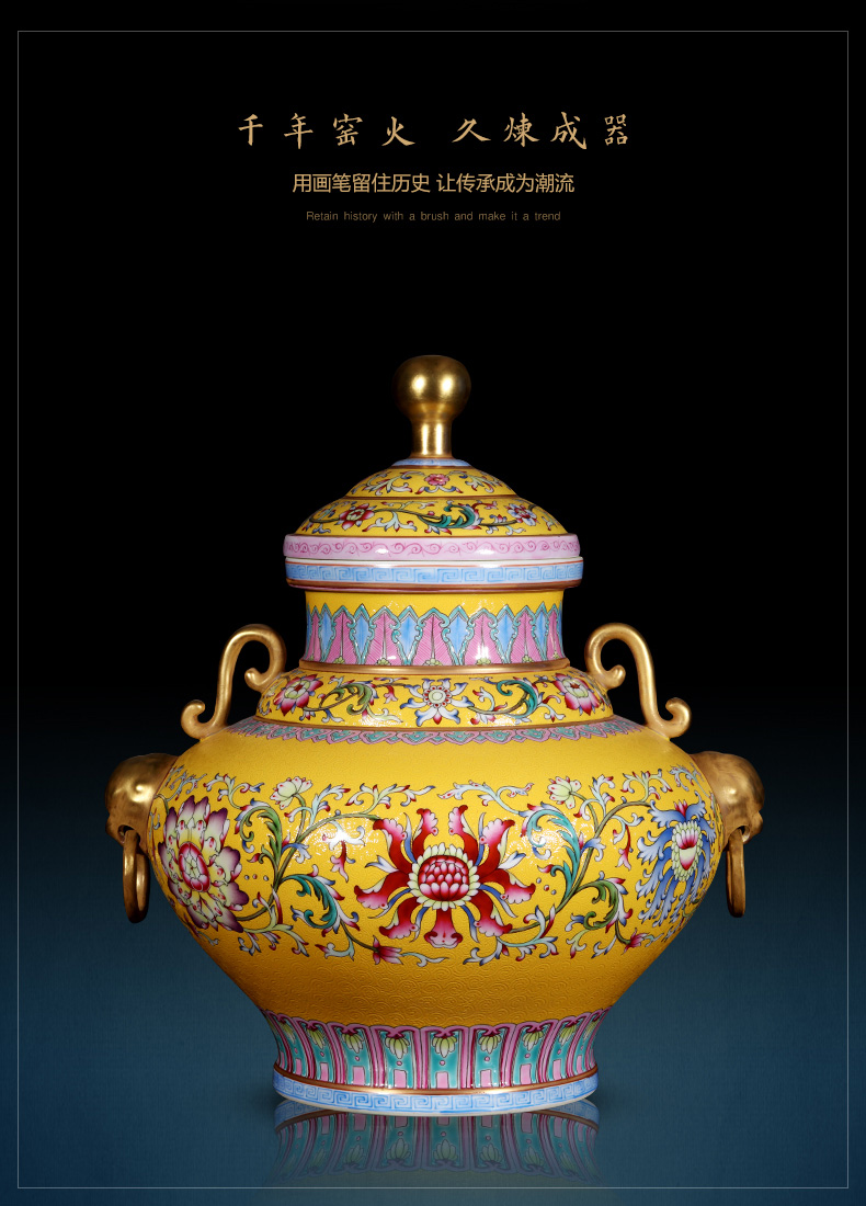 Jingdezhen ceramics imitation the qing huang to pick flowers ears orb storage tank tea pot Chinese style household ornaments