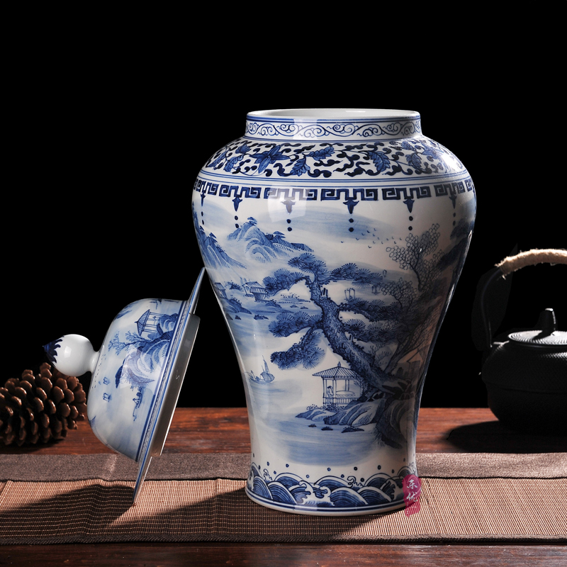 Jingdezhen ceramics antique hand - made landscape general pot of blue and white porcelain vase household adornment handicraft furnishing articles