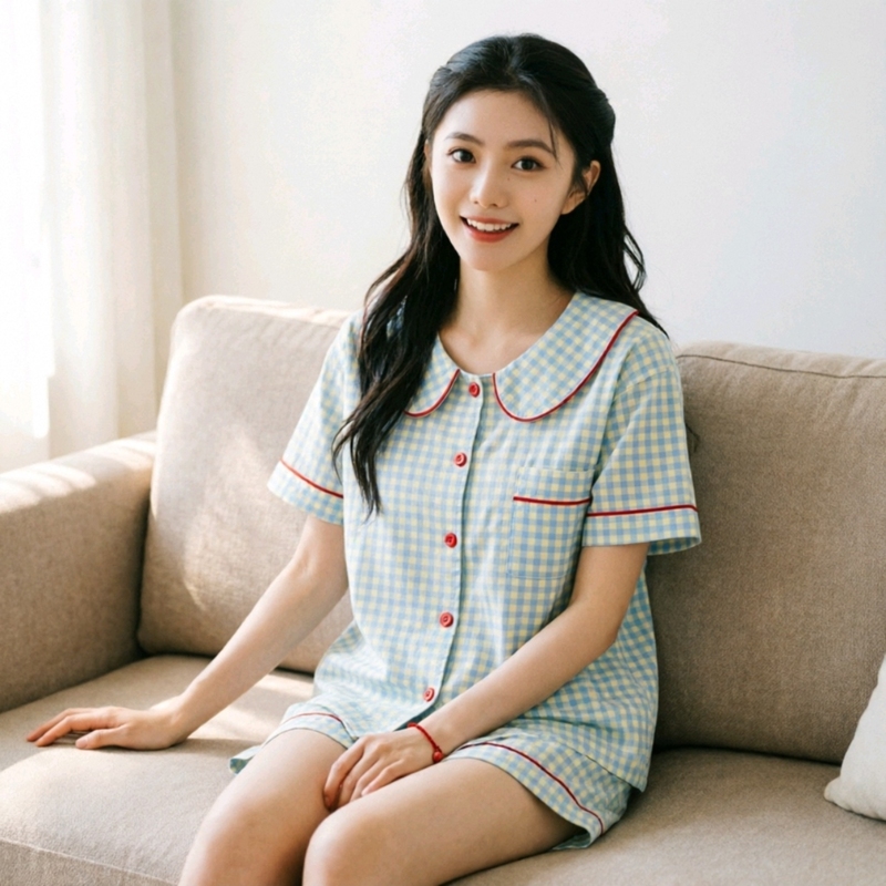 Liu Haocong Celebrity-Style Pajamas, Summer Doll Collar Short-Sleeve Women's Green Plaid Popular Home Wear, 2026 New Model