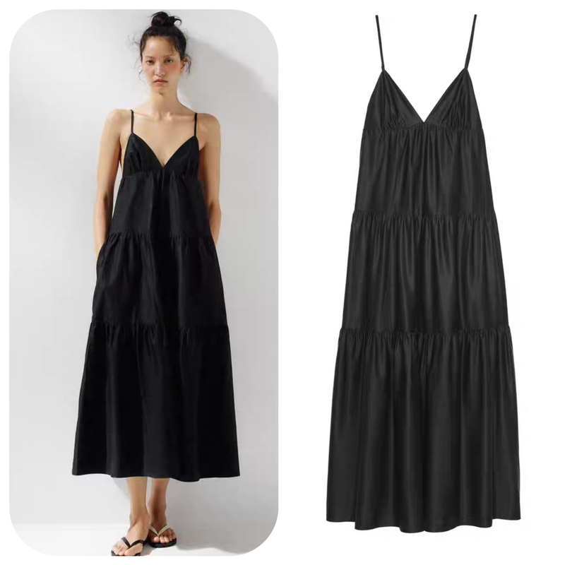 Za2025 New Summer Women's Hepburn Style Black Splicing V Neck Suspender Midi Dress 4772215 800 Za2025 New Summer Women's Hepburn Style Black Splicing V Neck Suspender Midi Dress 4772215 800