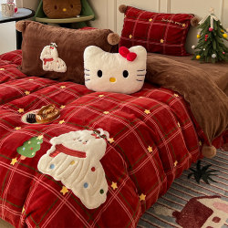 Red Milk Velvet Four-Piece Set for the Year of the Horse, New Year Thickened Coral Velvet Fleece-Lined Duvet Cover, Plush Bed Sheet, Three-Piece Bedding Set