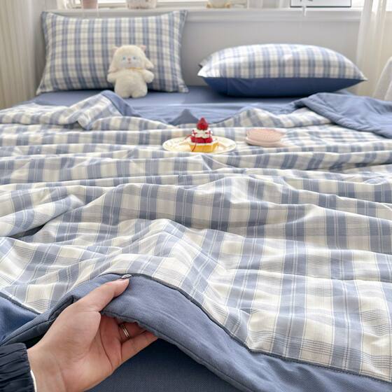 Cotton Summer Quilt, Pure Cotton Air-Conditioning Quilt, All-Cotton, Machine Washable, Thin Summer Style, Single-Person Children's Dormitory Quilt Four-Piece Set