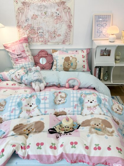 Cute Puppy Four-Piece Set 100% Pure Cotton Bed Sheet Duvet Cover Student Dormitory Single Bed Three-Piece Set 3