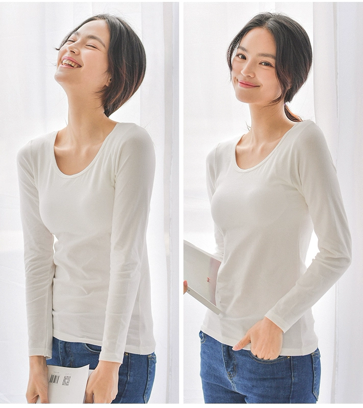 Ladies đồ lót nhiệt mùa thu quần áo tops của phụ nữ bông đáy áo với ngực pad dài tay t-shirt không có vòng thép áo ngực vest