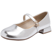 Silver single shoes for women summer 2024 new autumn French evening style shallow mouth thick heel ballet with skirt Mary Jane sandals