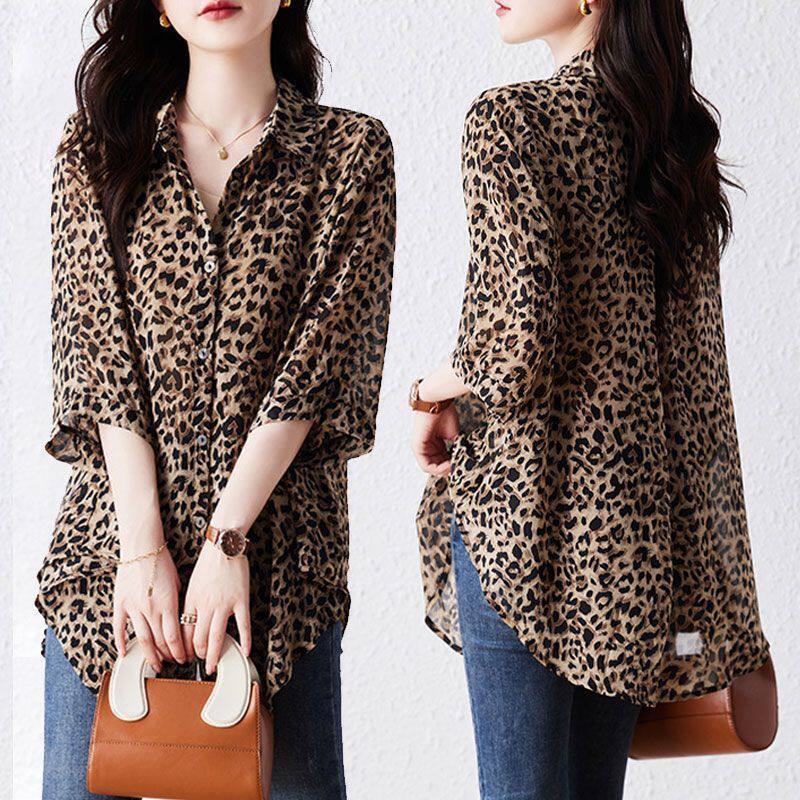 2026新款女夏装polo领新中式衬衫豹纹打底衫时尚豹纹雪纺衫长款